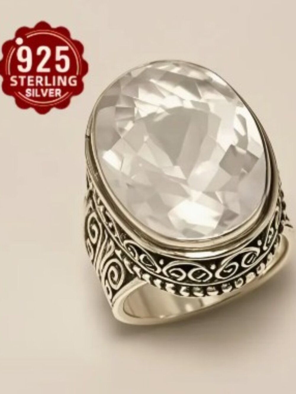 925 Sterling Silver Retro Oval Design Synthetic Cubic 5A Zirconia Inlay Size 9
